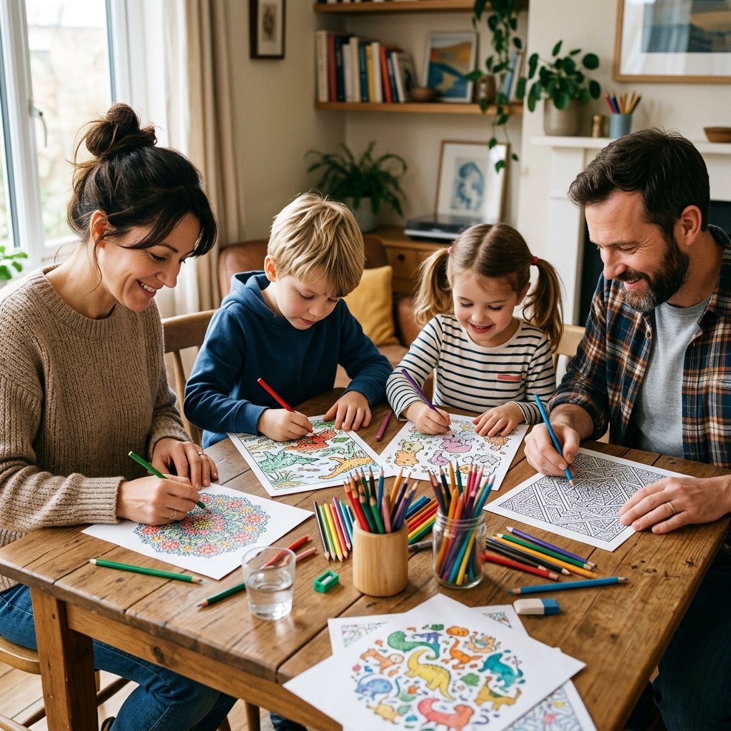 Family coloring together at the table
